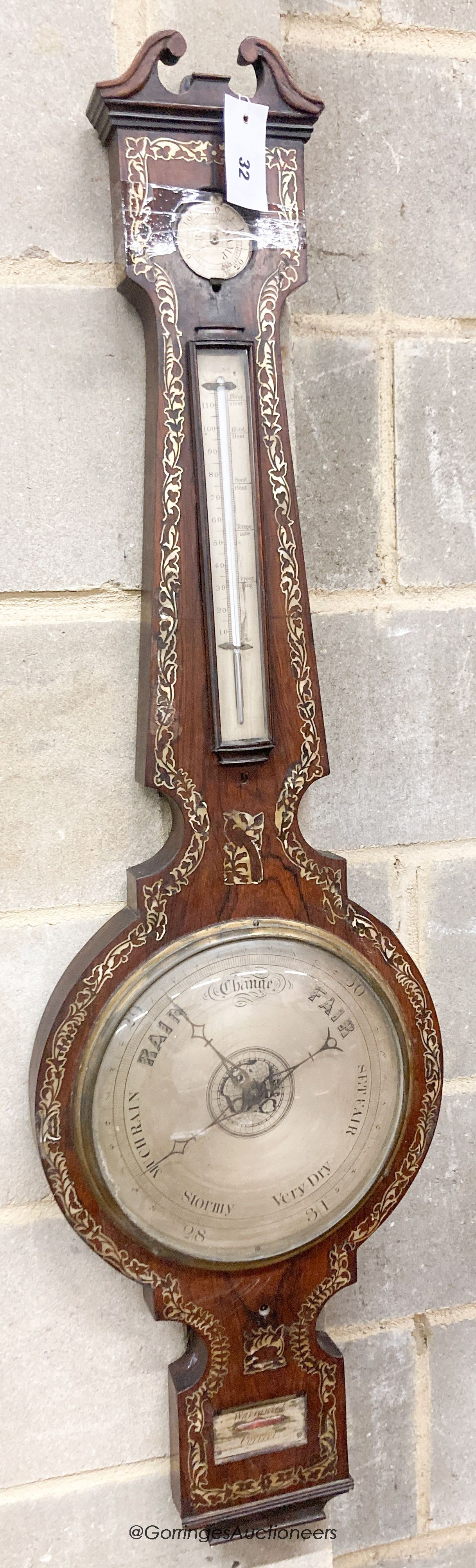 A Victorian mother of pearl inlaid rosewood barometer, height 110cm